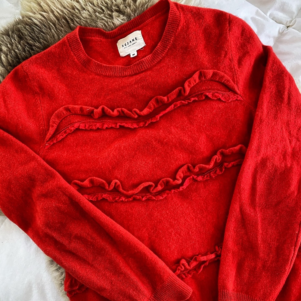 Sezane - Red Cashmere/ Wool Ruffle Jumper
